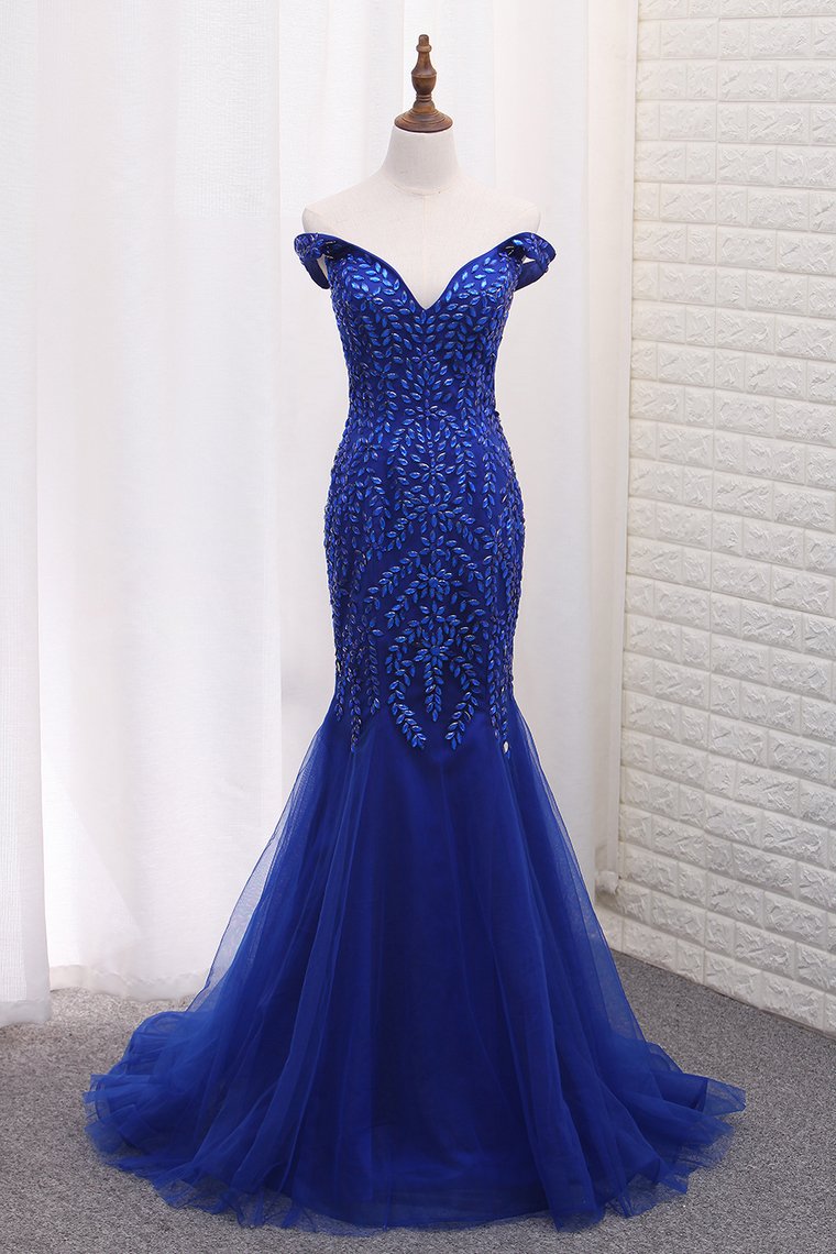 Sexy Open Back Straps Mermaid Tulle Beaded Bodice Prom Dresses