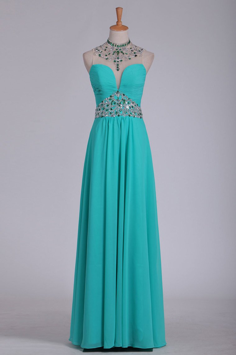 Sexy Open Back High Neck With Beads And Ruffles Prom Dresses A Line Chiffon