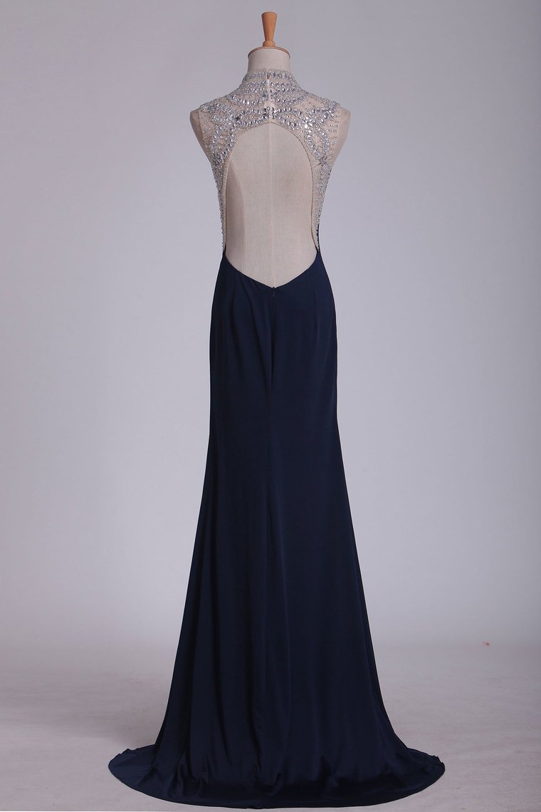 Spandex Prom Dresses High Neck With Beading Sweep Train Sheath