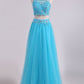 Two Pieces Scoop Prom Dresses A Line With Applique & Beading Tulle