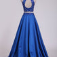 Two Pieces High Neck A Line Prom Dresses Beaded Bodice Satin Open Back