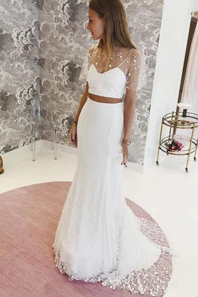 Elegant Two Pieces Lace Mermaid Short Sleeves Tulle Wedding Dresses SRS15581