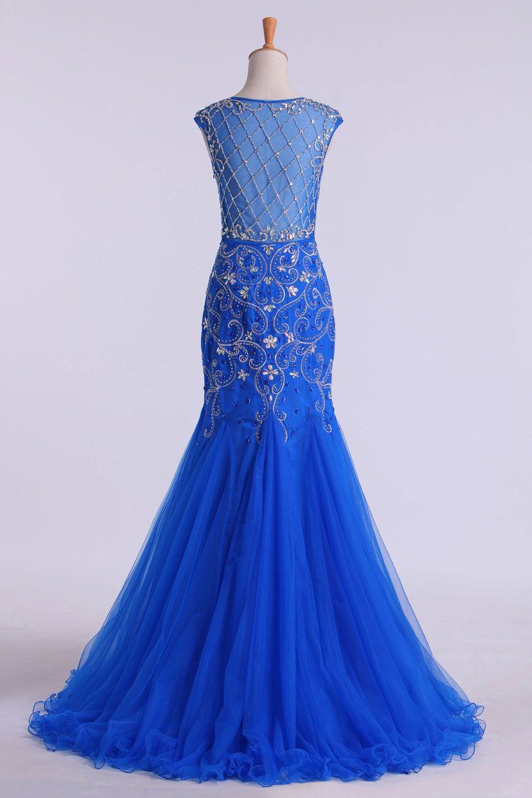 Scoop Beaded And Fitted Bodice Trumpet Prom Dress Tulle