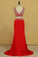 Two Pieces V Neck Prom Dresses Sheath Spandex With Beading Floor Length