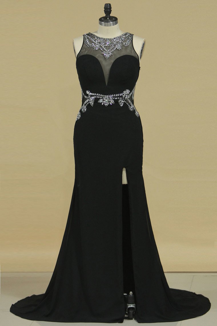 Prom Dresses Sheath Scoop Chiffon With Beads And Slit Sweep Train