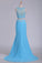 Two Pieces Scoop Mermaid With Slit And Beading Prom Dresses Spandex Sweep Train