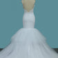 Mermaid Spaghetti Straps Tulle With Applique Open Back Wedding Dresses