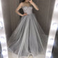 Long Sleeves Evening Dresses Grey A-Line Pearls Tulle Long Prom Dresses