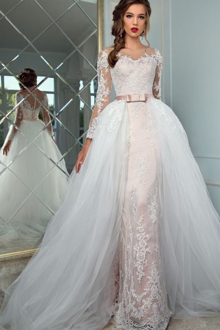Scoop Long Sleeves Sheath Wedding Dresses Tulle With Applique Chapel Train Detachable