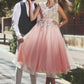 V Neck A Line Prom Dresses Tulle With Applique And Handmade Flower