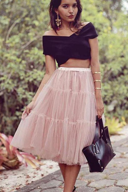 A Line Two Pieces Black and Pink Cheap Off the Shoulder Tulle Homecoming Dresses JS879