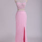Two Pieces Column Scoop Prom Dresses With Beads And Pearls Spandex & Tulle