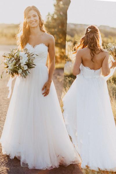 Elegant Tulle Beach 2024 Sweetheart Lace A line Simple Plus Size Country Wedding SRS12176