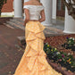 Two Piece Off-the-Shoulder White and Yellow Zipper V-Neck Mermaid Long Prom Dresses JS63