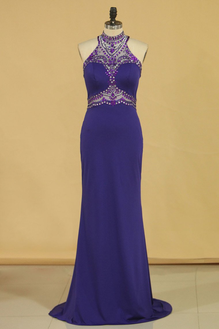 Spandex High Neck Sweep Train Prom Dresses With Beading And Rhinestones
