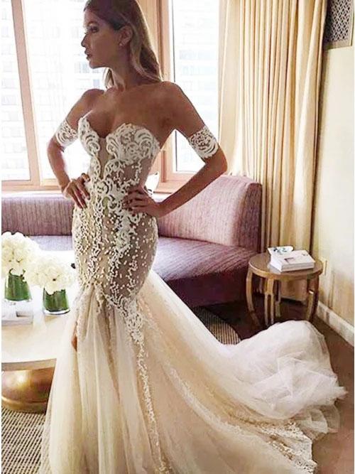 Charming Mermaid Sweetheart Backless Tulle Wedding Dresses with Lace Appliques SRS15111