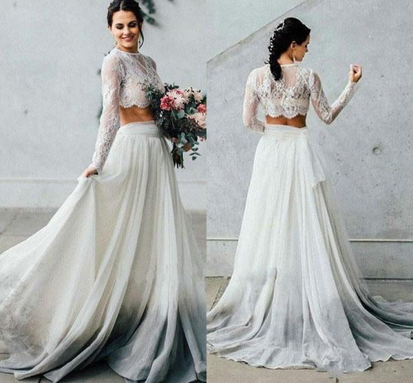 Elegant Two Pieces Chiffon Long Sleeves Wedding Dress with Lace Appliques SRS15209