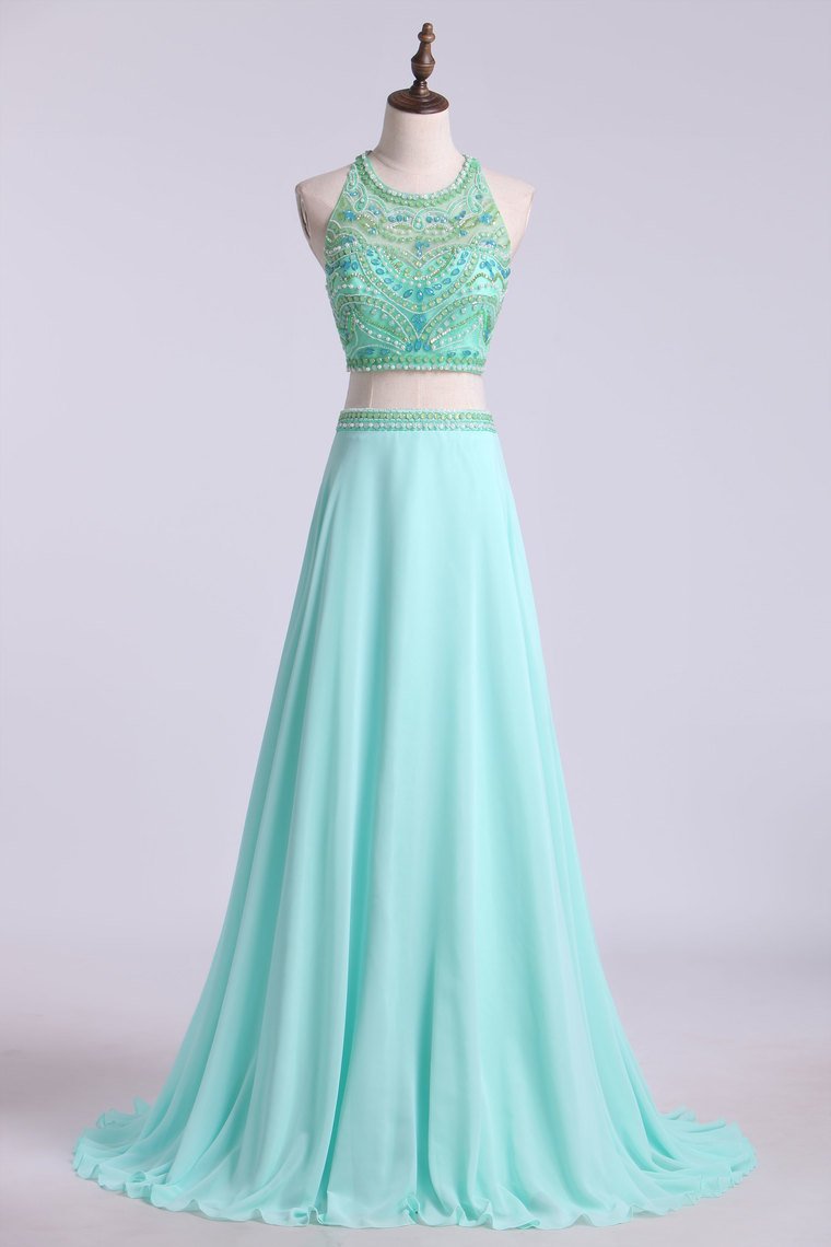 Prom Dresses Two Pieces Halter A Line Chiffon Beaded Bodice