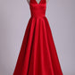 Red V Neck Evening Dresses A Line Sweep Train With Slit & Ruffles