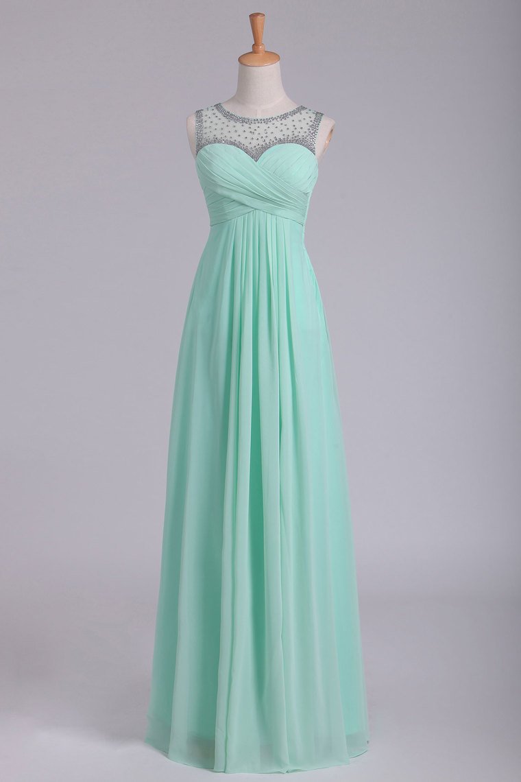 Mint Scoop A Line Prom Dresses Chiffon With Beads & Ruffles Floor Length
