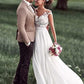 2024 Lovely Off White Lace Appliques Cap Sleeves Long Chiffon Beach Wedding SRS10084