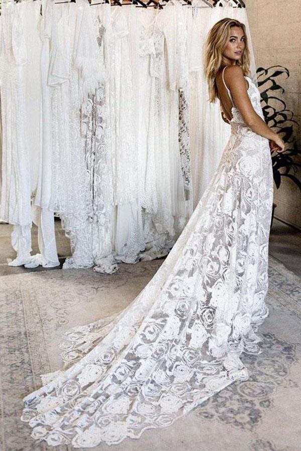Summer Lace Backless Simple V Neck Ivory Spaghetti Straps Beach Wedding Dresses JS826