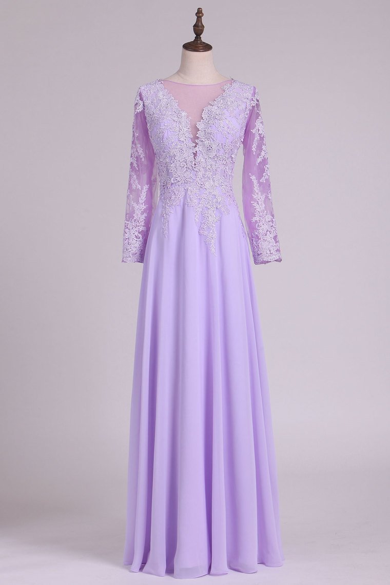 Long Sleeves V Neck Chiffon With Applique And Beads A Line Evening Dresses
