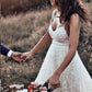 Rustic A Line Lace Backless Spaghetti Straps Wedding Dresses, V Neck Bridal Dress SRS15591