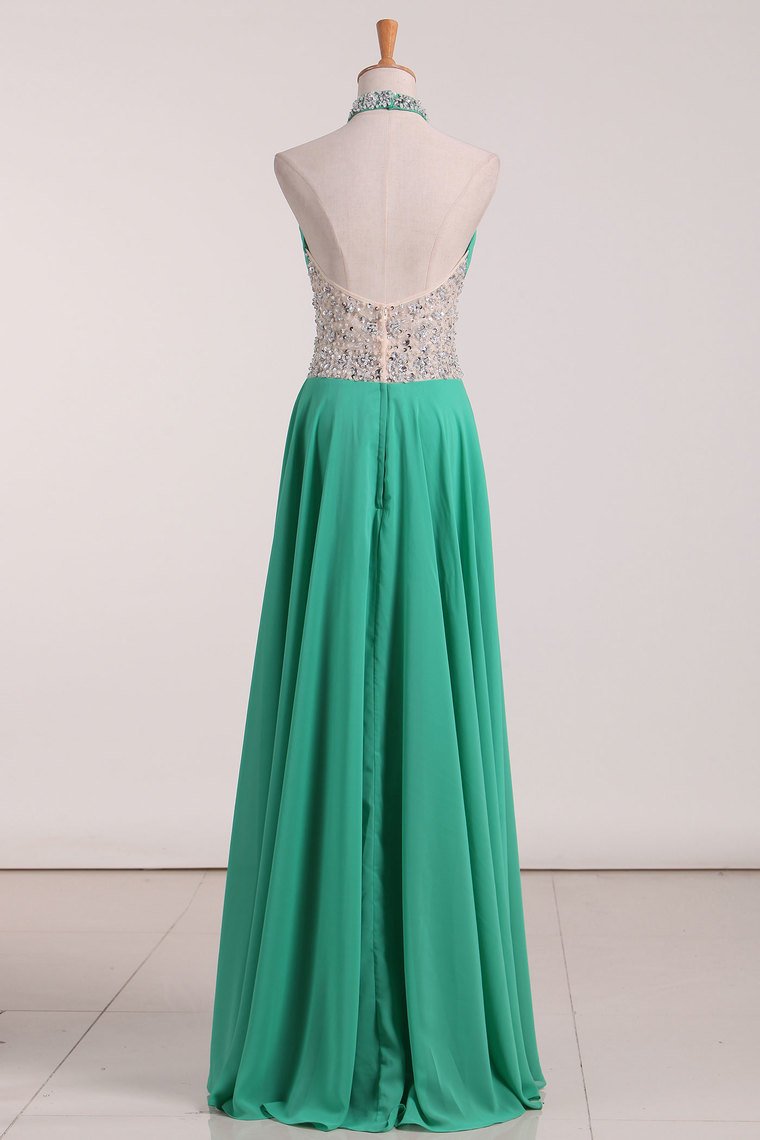 A Line Halter With Beading Chiffon Sweep Train Prom Dresses