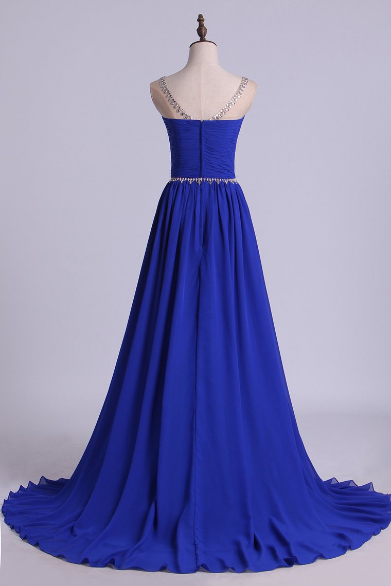 Scoop Prom Dresses A Line Pleated Bodice Chiffon With Beads Dark Royal Blue