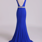 Open Back Column Prom Dresses V Neck Dark Royal Blue Beaded Waistline Sweep Train