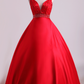 Hot Red Satin Prom Dresses Straps Floor Length Beaded Bodice A Line