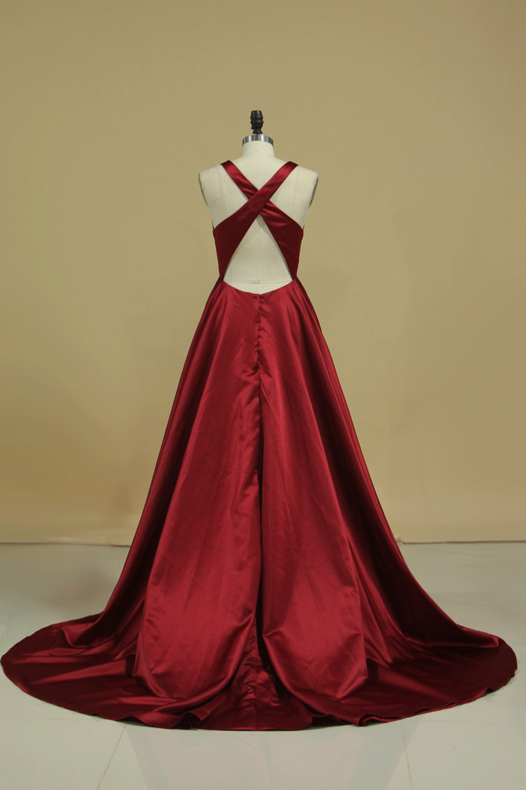 Red V Neck Evening Dresses A Line Sweep Train With Slit & Ruffles