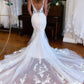Elegant Mermaid Deep V Neck Lace Wedding Dresses with Beading