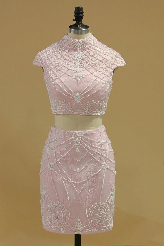 Two-Piece Sheath Homecoming Dresses High Neck With Beads Lace