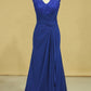 Hot V Neck Mother Of The Bride Dresses Dark Royal Blue Sweep Train With Ruffle Cap Sleeves