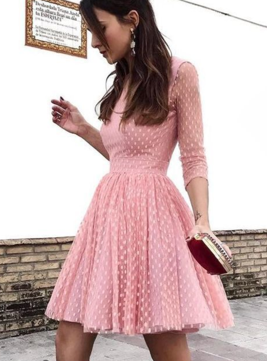 Pink Homecoming Dresses Round Clare Neck Long Sleeves Open Back Cocktail Dresses CD10083