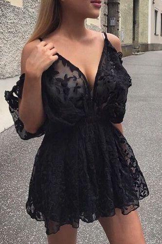 modest black lace Paloma short Homecoming Dresses summer dresses, unique cold shoulder party dresses, simple CD10183