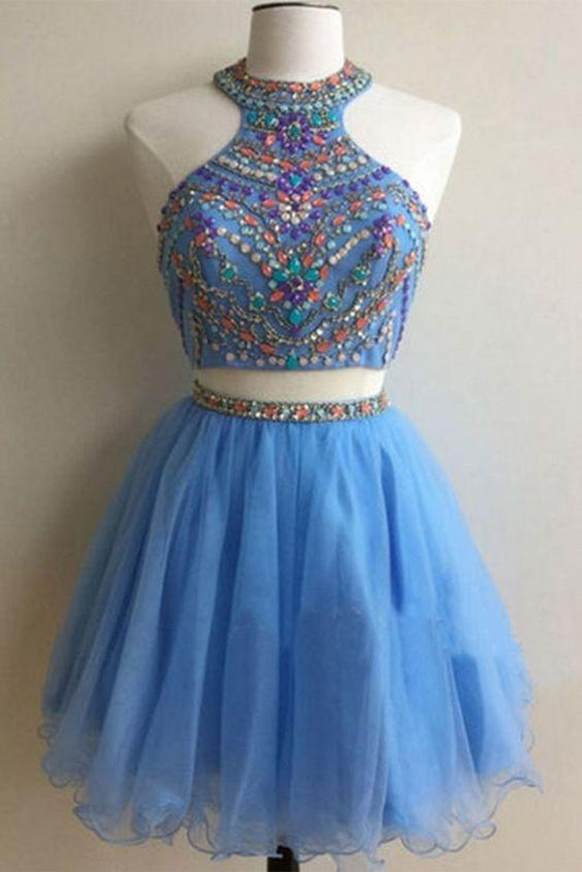 Light blue organza two pieces beading sequins A-line short homecoming Homecoming Dresses Eva dresses for teens, party dresses CD10497