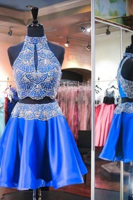Two Piece High Neck Keyhole Homecoming Dresses Open Back Short Royal Brynlee Blue Satin Beaded CD10730