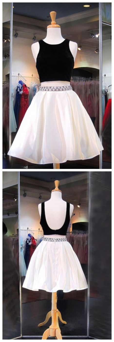 Two Piece Crew Knee-Length Backless Ivory Kristina Satin with Beading Homecoming Dresses CD10732