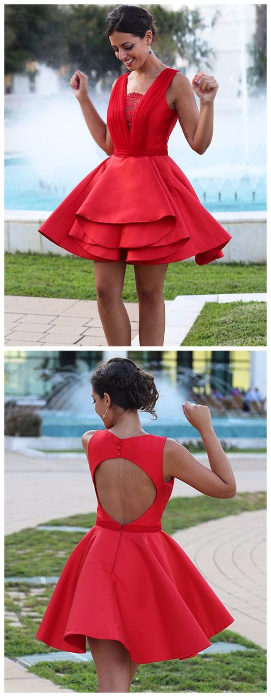 , Red Satin Mini Lace Cocktail Homecoming Dresses Party Dress, Mara Short Sexy CD10798