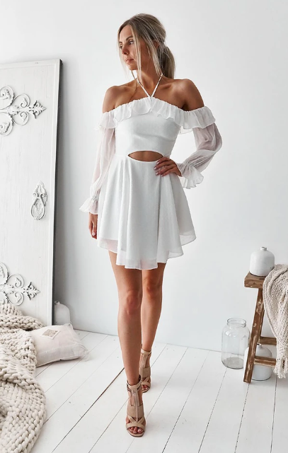 SIMPLE WHITE CHIFFON Homecoming Dresses SHORT DRESS WHITE CUTE SUMMER Ivy DRESS CD10847