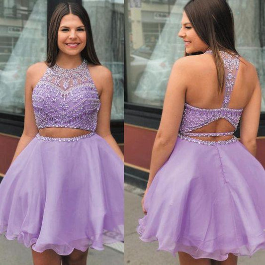 purple two piece dresses short homecoming dresses Homecoming Dresses 2024 Mia beaded halter sexy lavender graduation dress CD11563