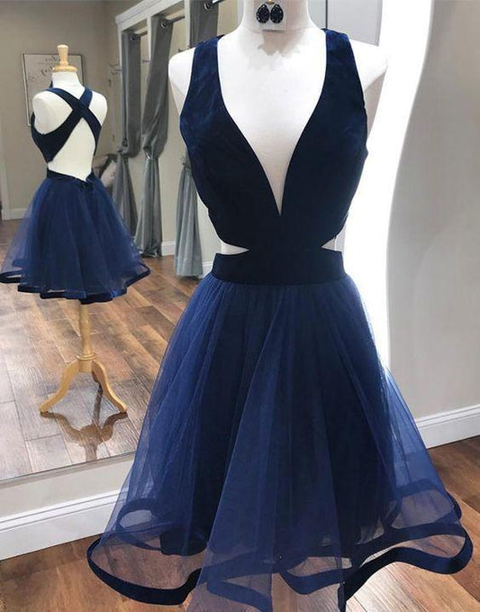 Deep V-Neck Sexy Cocktail Dresses with Criss Cross Back A Line Navy Blue homecoming Cheryl Homecoming Dresses dress CD11695