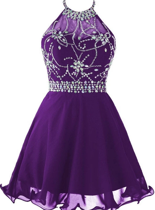 Beautiful Purple Jaylin Chiffon Halter Beaded Homecoming Dresses , Knee Length Party Dress CD11704