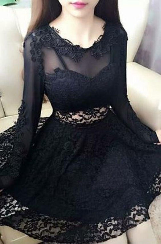 Sexy Black Homecoming Dresses Lace Jewel Madeleine Neck Long Sleeves Lace A-Line Short CD1282