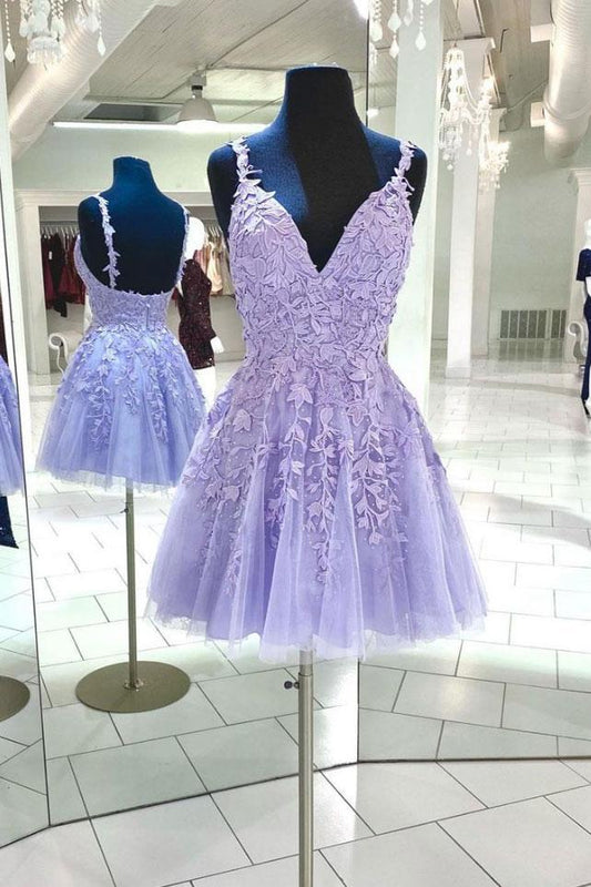Purple v neck tulle lace short homecoming Chelsea dress Homecoming Dresses lace cocktail dress CD14994