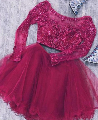 Two Piece Long Sleeves Homecoming Dresses Tulle Short Kaliyah with Lace Beads CD1507