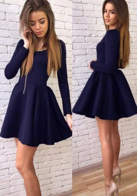 Cheap Navy Blue Long Sleeves Homecoming Dresses Modest Mini Short homecoming Rubi Dress CD156